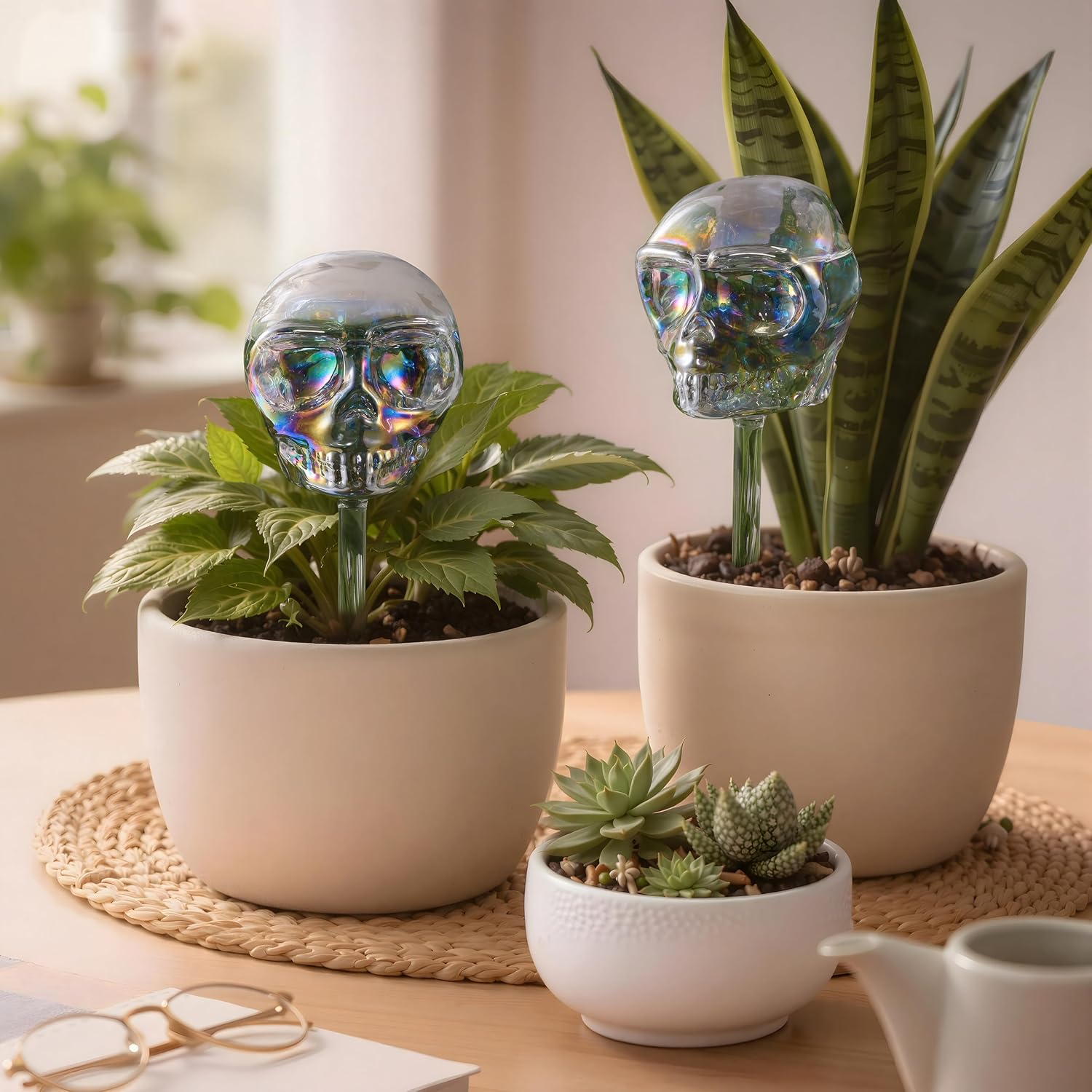 Soilagua 10 oz Smiling Cute Skull Glass Plant Watering Globes, Halloween Goth Iridescent Clear Water Bulbs, Gothic