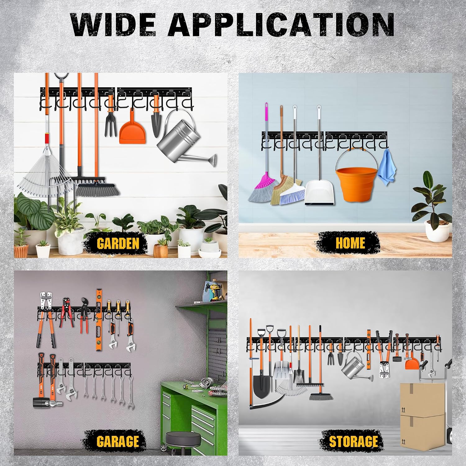 68'' All Metal Adjustable Garden Tool Organizer: Garage Tool Organizer Wall Mount with Black Hooks, Garage Organizers