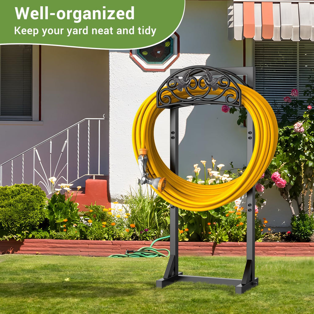 Pattiumo Garden Hose Holder Stand, Heavy Duty Freestanding Metal Hose Holder with 4 Spikes, Hose Reel Alternative Holds