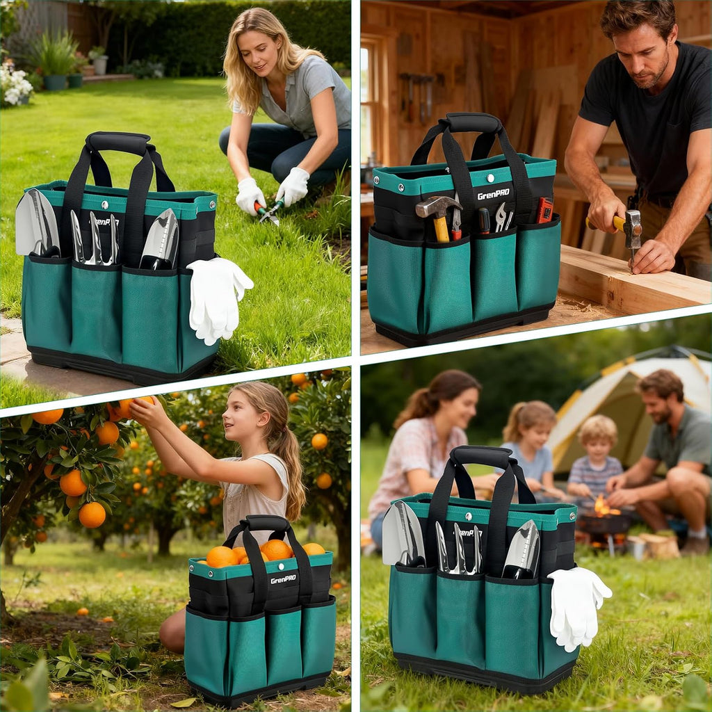 GRENPRO Heavy Duty Garden Tool Bag, Molded Bottom, 10 Pockets, Dark Green | Reinforced garden organizer tote stands