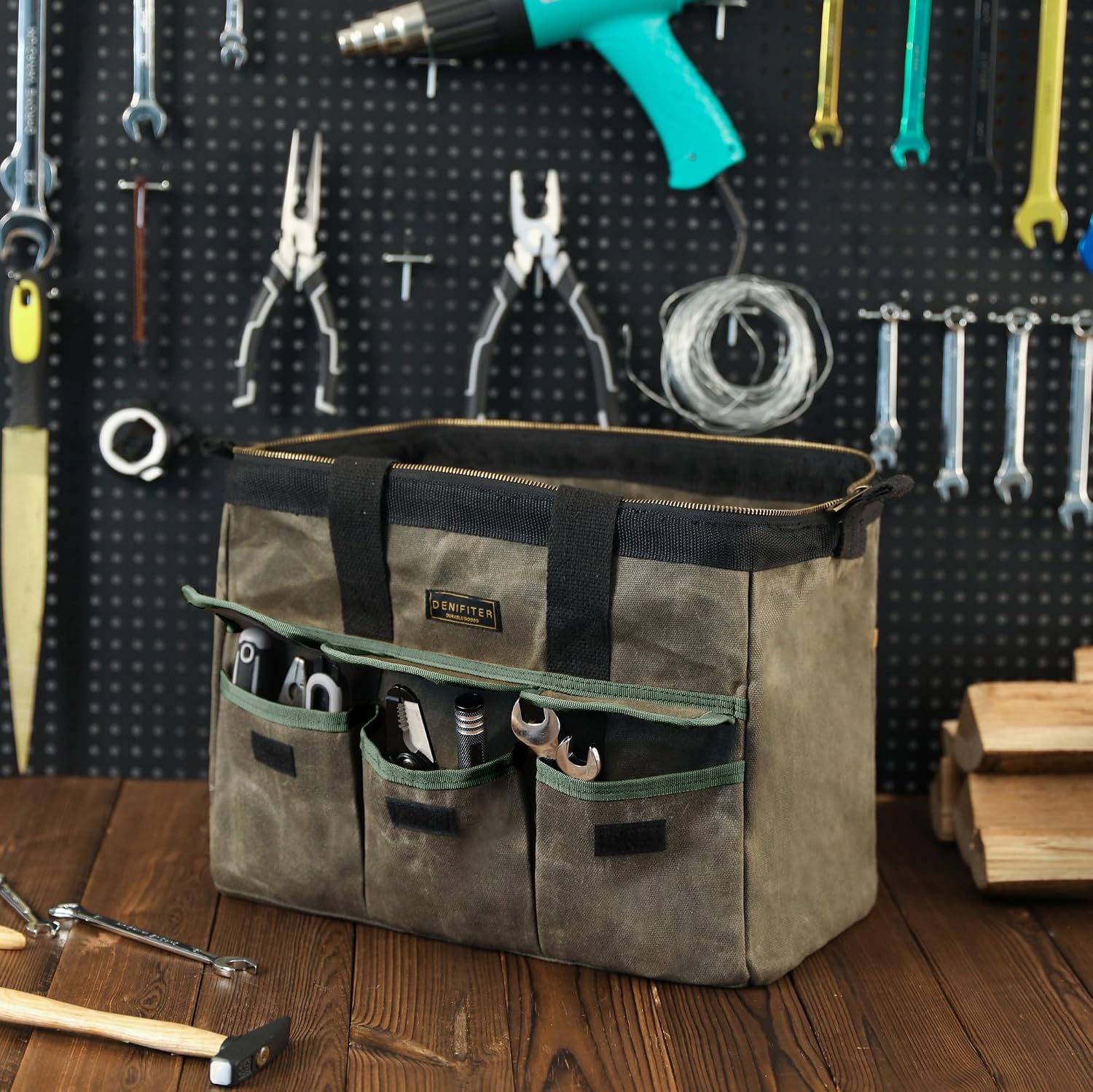 15 Inch Tool Bag, Heavy Duty Waxed Canvas Wide Mouth Water-Resistant Tool Pouch, Garden Tool Tote with 15 Pockets