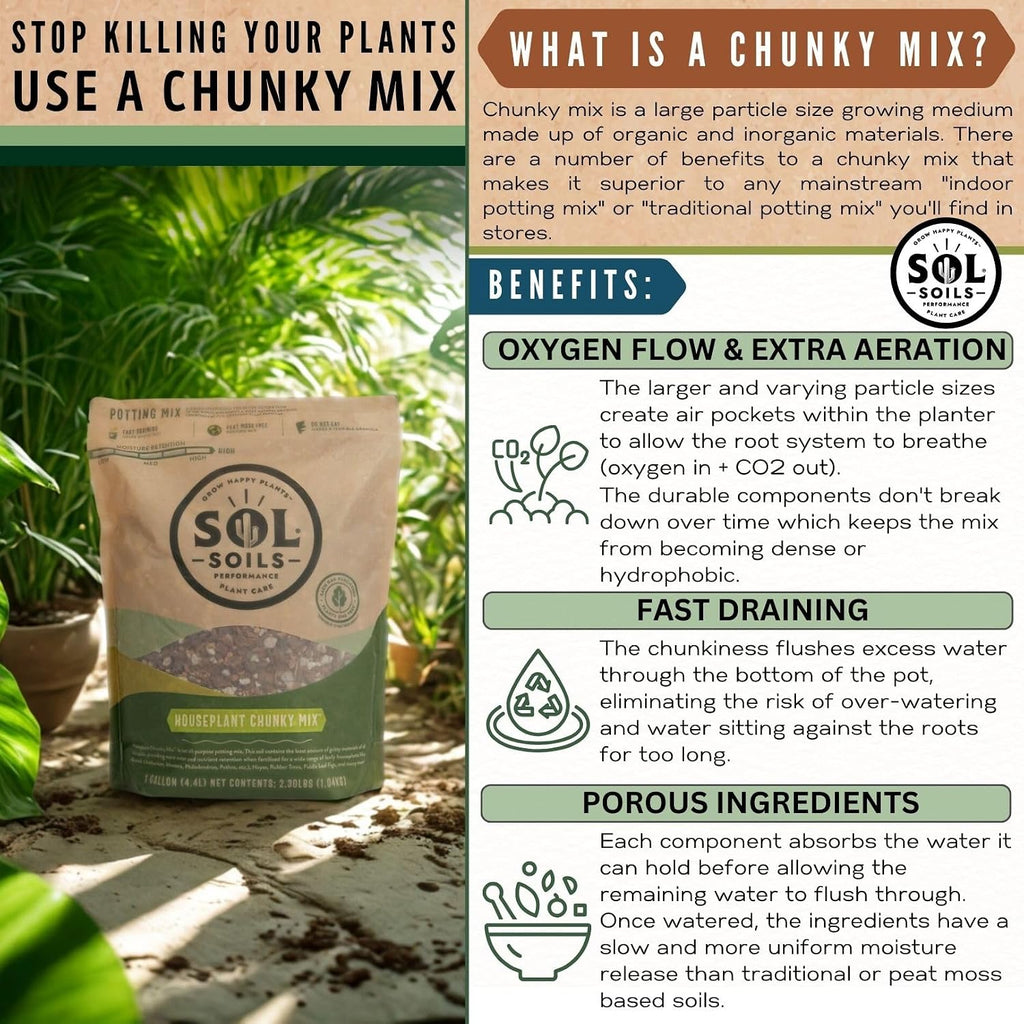 Chunky Houseplant Mix - Fast Draining Soil for Indoor Plants with Coco Coir Chips, Perlite, & Pumice, 2 Quart