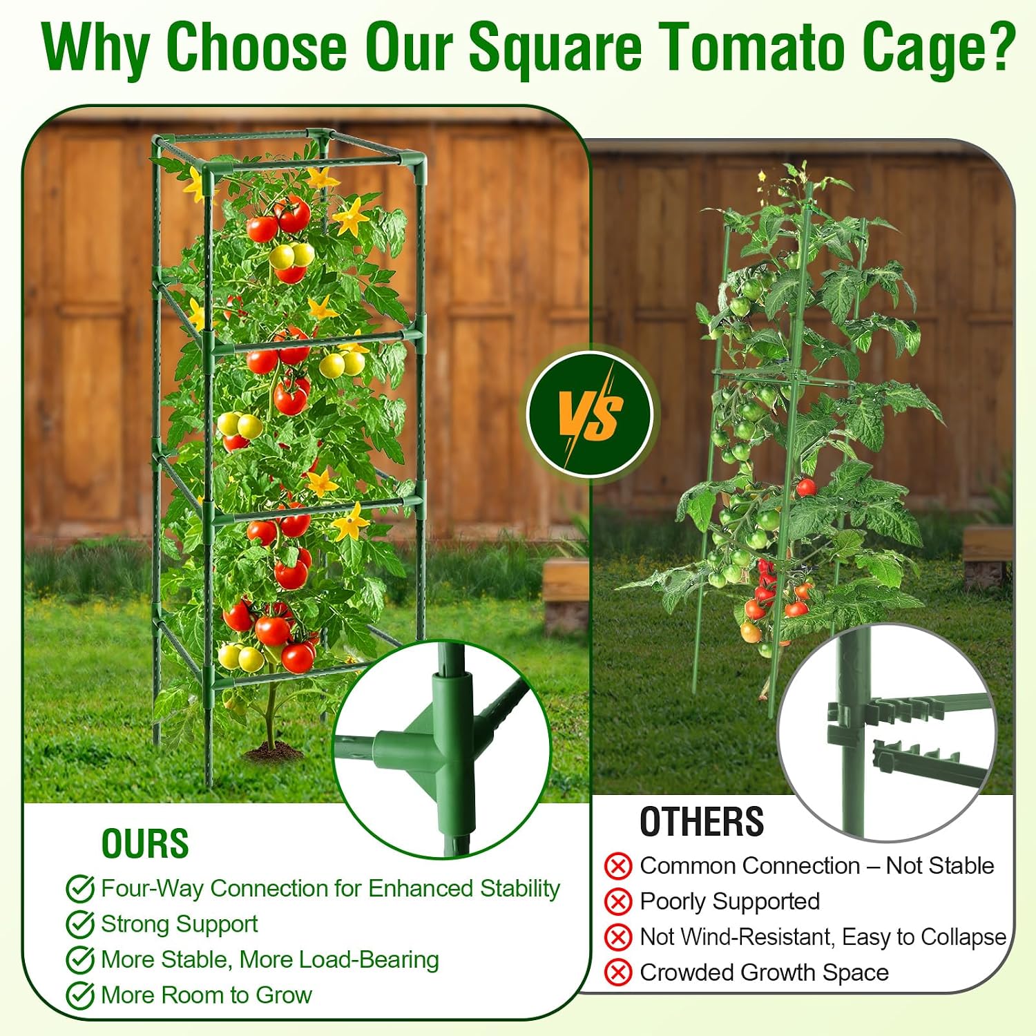 Fabulas Tomato Cage, Square Tomato Trellis Plant Support Stake Cages for Garden and Pots Tall Up to 63 Inch Adjustable