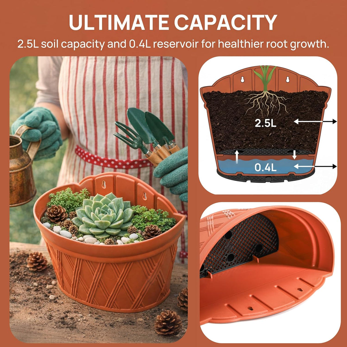 4 Pack Plastic Wall Hanging Planter, 11.4 In Plant Holder for Indoor Outdoor Plant, Large Wall Plant Pot with 8 Hooks