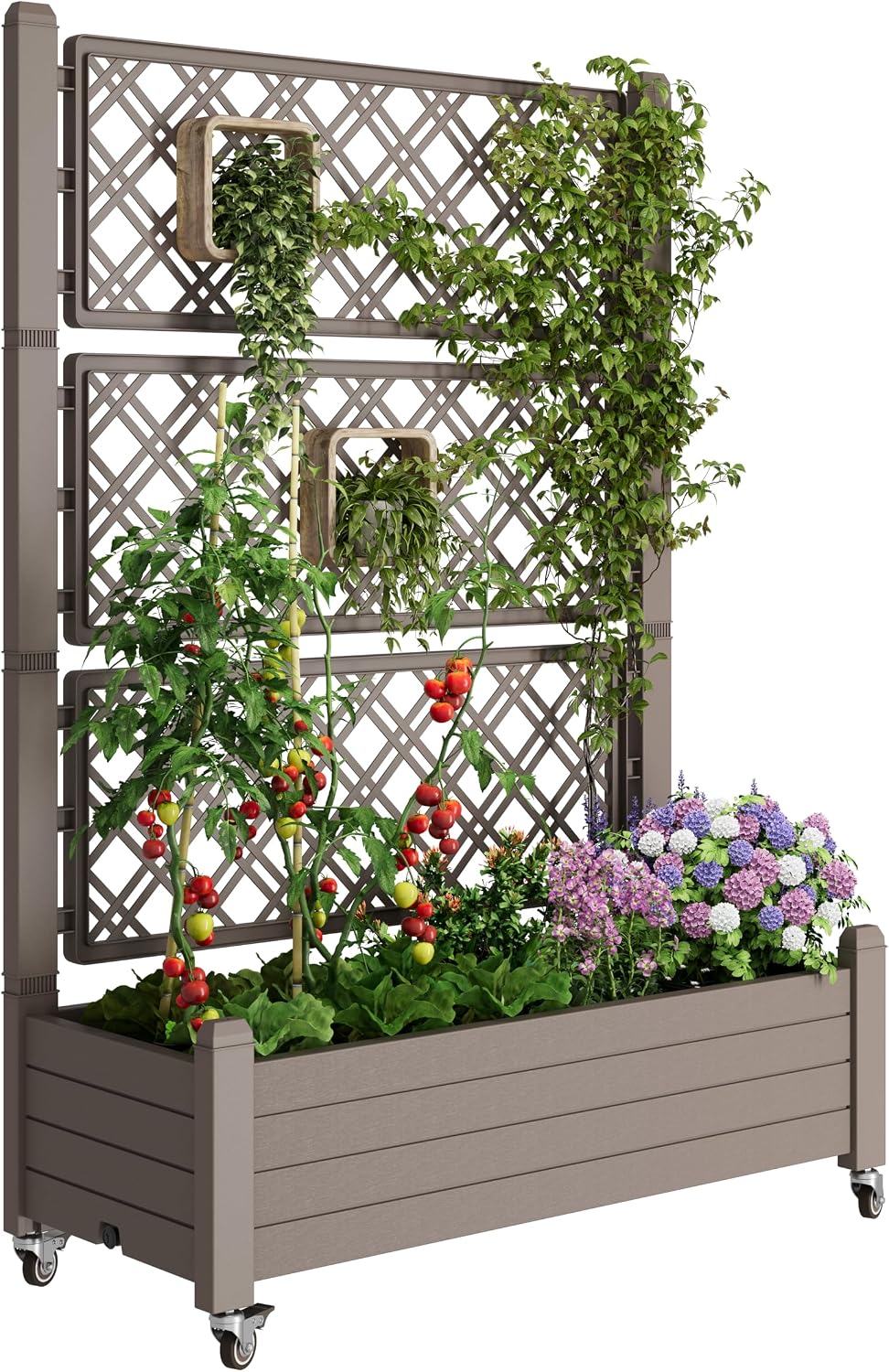 Fancyango Raised Garden Bed with Wheels 61.2" H -Gray | Resin Elevated Garden Planter Box with Trellis, Outdoor Planter