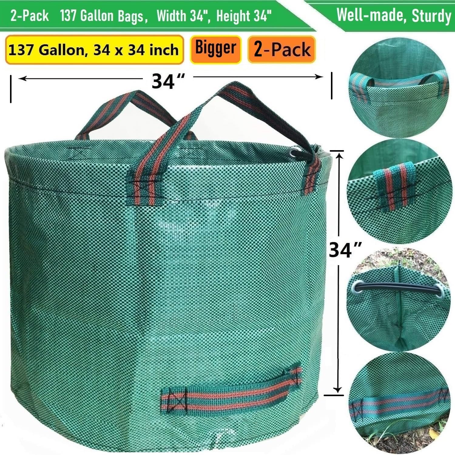 Professional 2-Pack 137 Gallon Lawn Garden Bags Large (D34,H34 inch) Yard Waste Bags with Gardening Gloves, Big Leaf