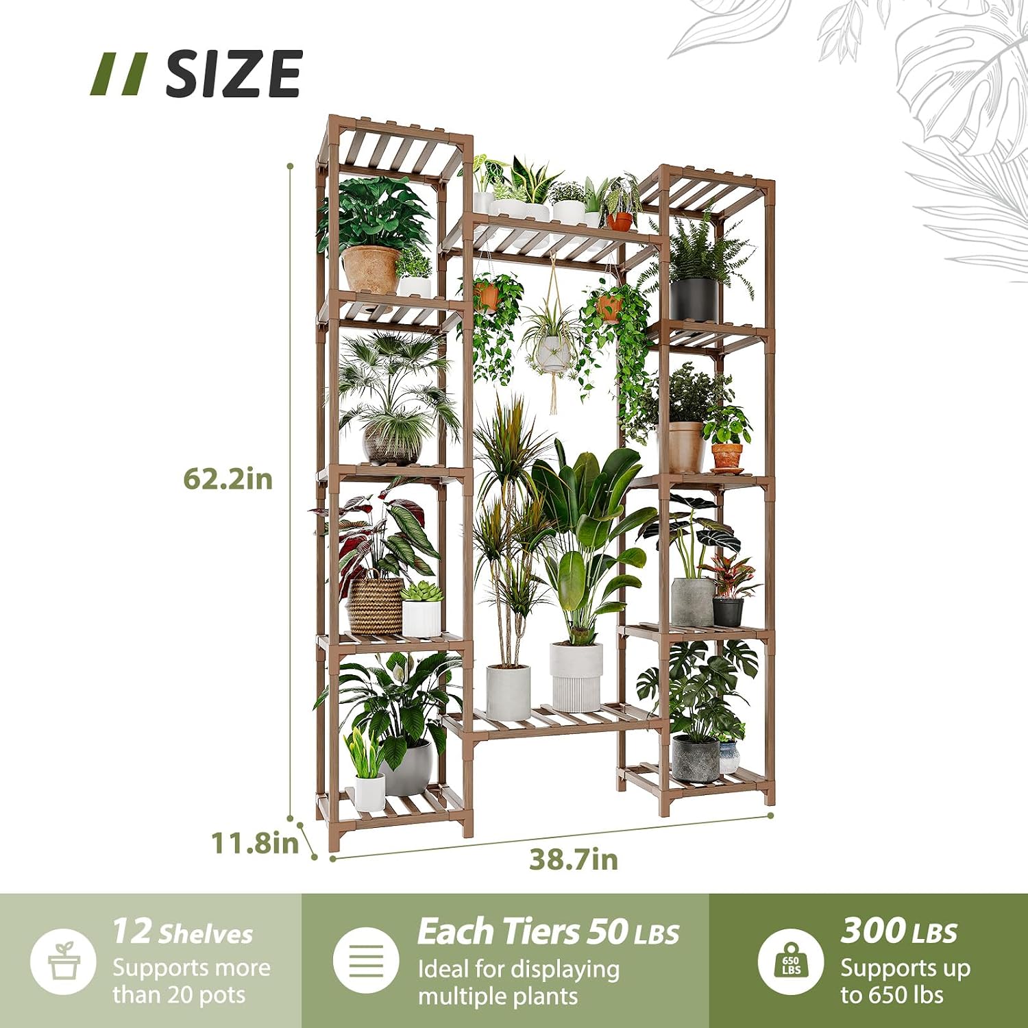 GENTINGBRO Plant Stand Indoor Outdoor 62.2“ Tall Plant Shelf Large Tiered Flower Stands for Multiple Display Wood