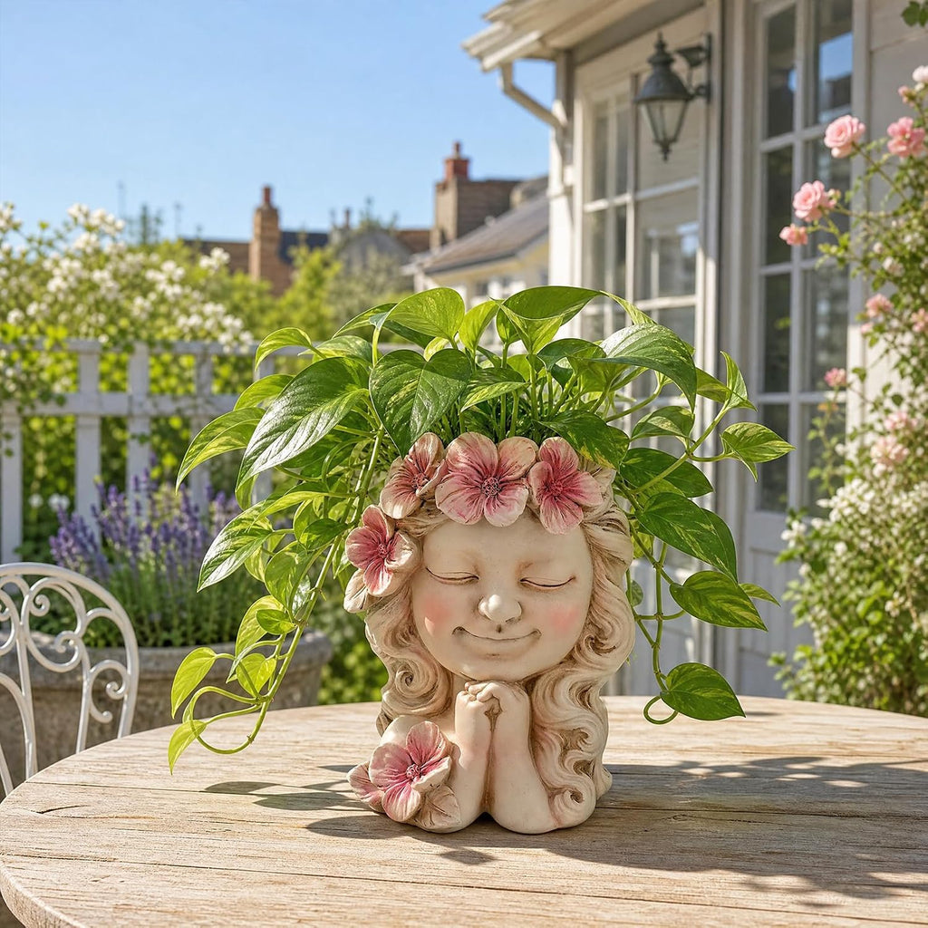 Flower Girl Head Planter Pot, Resin Face Planter for Indoor Outdoor Plants | Cute Succulent Pots, Decorative Plant Pots