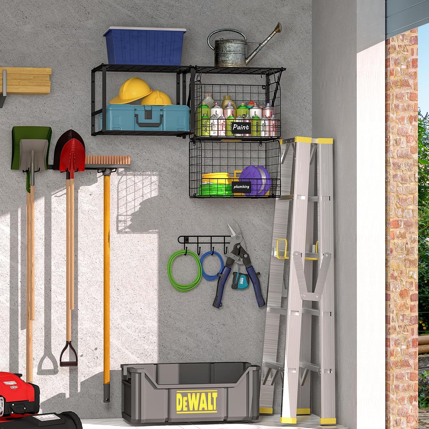 ThreeHio Garage Shelf Wall Mounted with Wire Baskets, Heavy Duty Garage Wall Shelving with Garden Tool Rack and Hooks