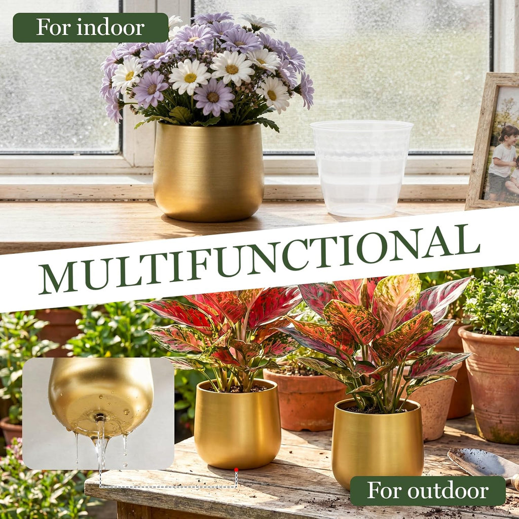 6.3" Gold Metal Plant Pots with Drainage Hole & Liner for Indoor Plants | Brushed Gold Anti-Rust Metal Finish, Stable