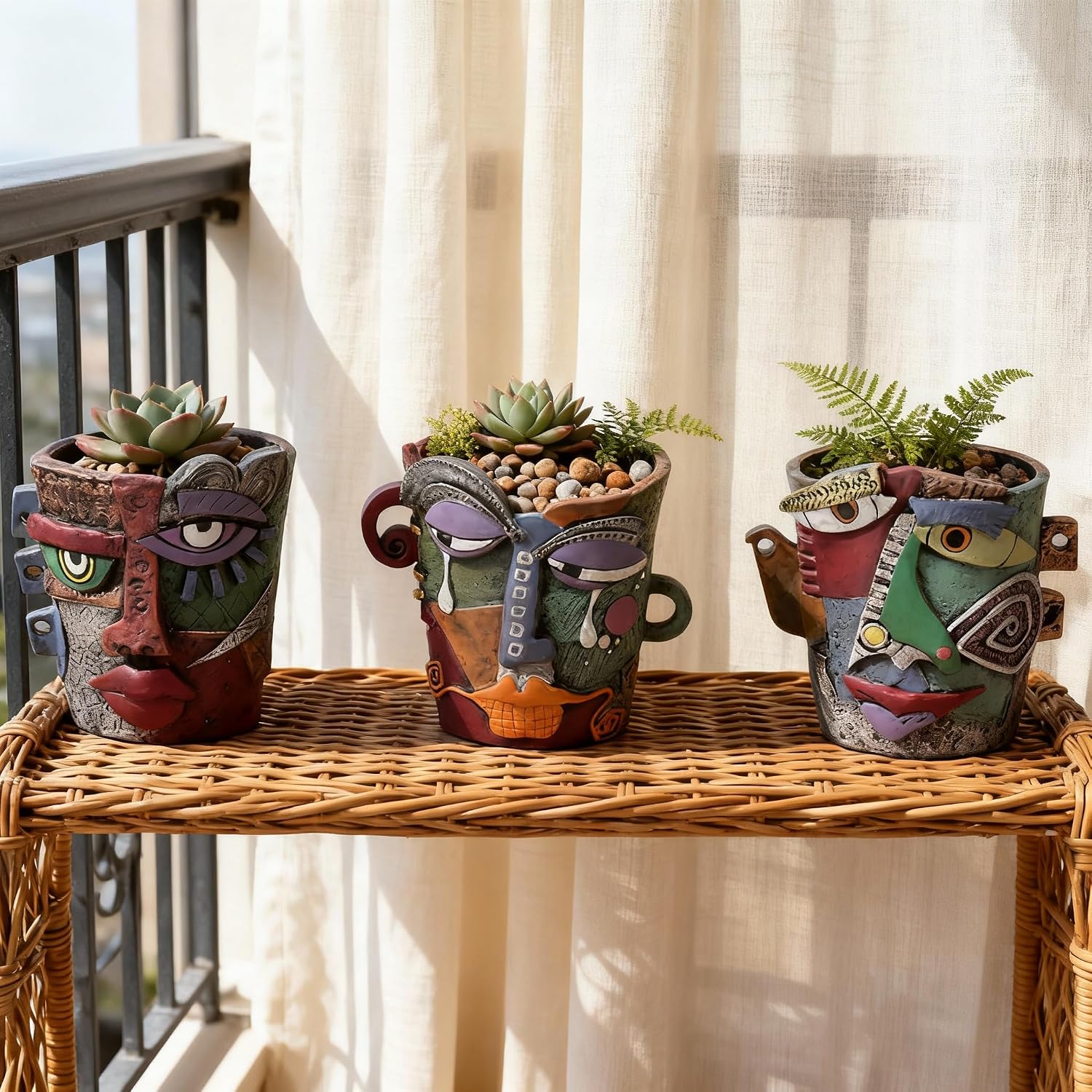 Mini Face Planters 3PC Set – Unique Resin Art Flower Pots for Succulents, Cacti & Small Plants – Decorative Funny Plant