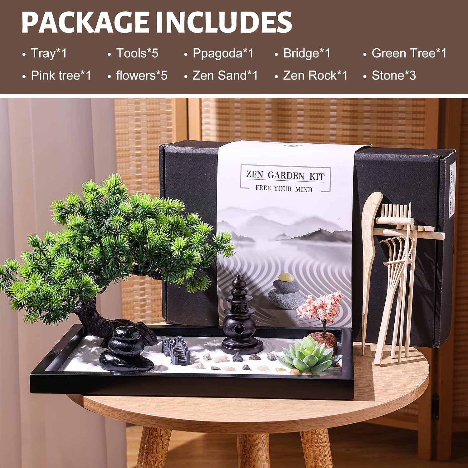 Zen Garden Kit for Desk Decor - Premium Beautiful Japanese Mini Sand Box Set Home, Office with Black Wooden Tray, White