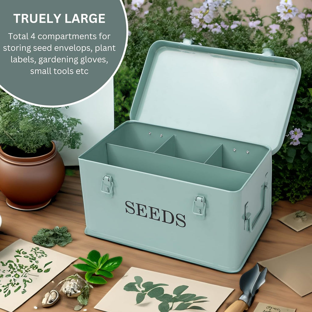 Large Modern Green Rectangular Metal Seed Storage Box with 4 Compartments and 40 Envelopes and 20 Bamboo Plant Labels