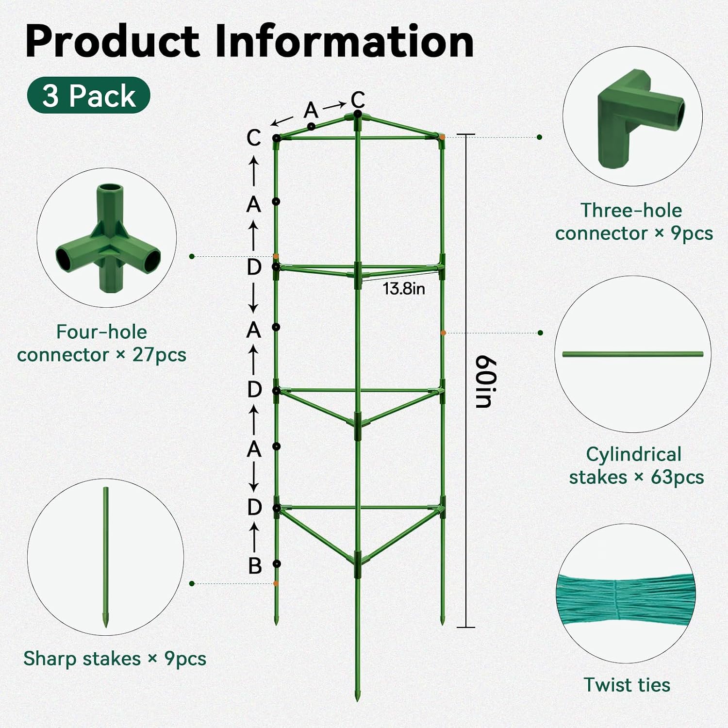 Halatool 3 Pack 60 Inch Adjustable Tomato Cages for Graden | Heavy Duty, Metal Tall Collapsible Tomato Trellis Plant