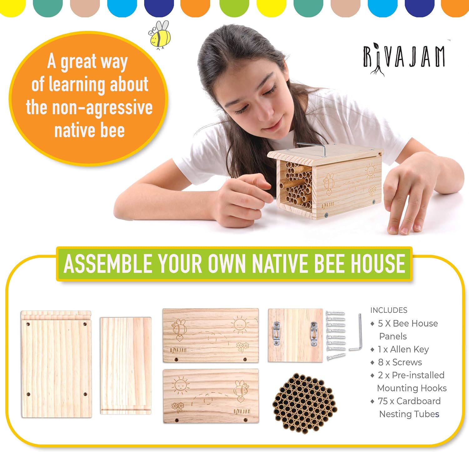 Rivajam Build a Bee House DIY Woodworking Project | Solitary Mason Bee House Nesting Box Wood Building Kit & Tools