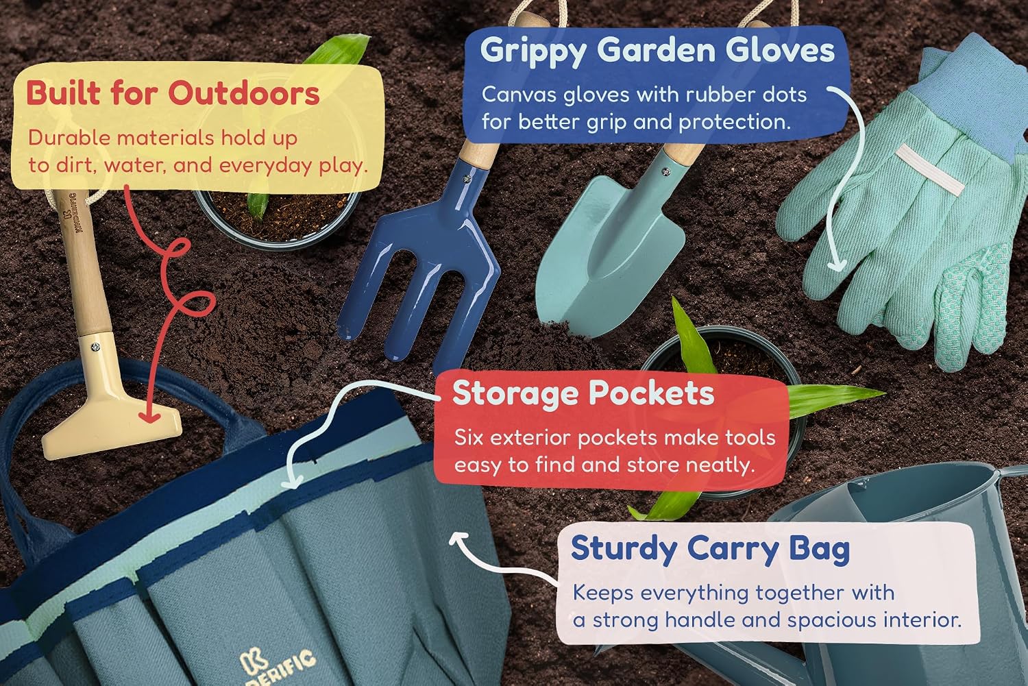 Gardening Set, Tool Kit, for Kids, STEM, Includes Tote Bag, Spade, Watering Can, Rake, Fork, Trowel and Gloves (Ocean