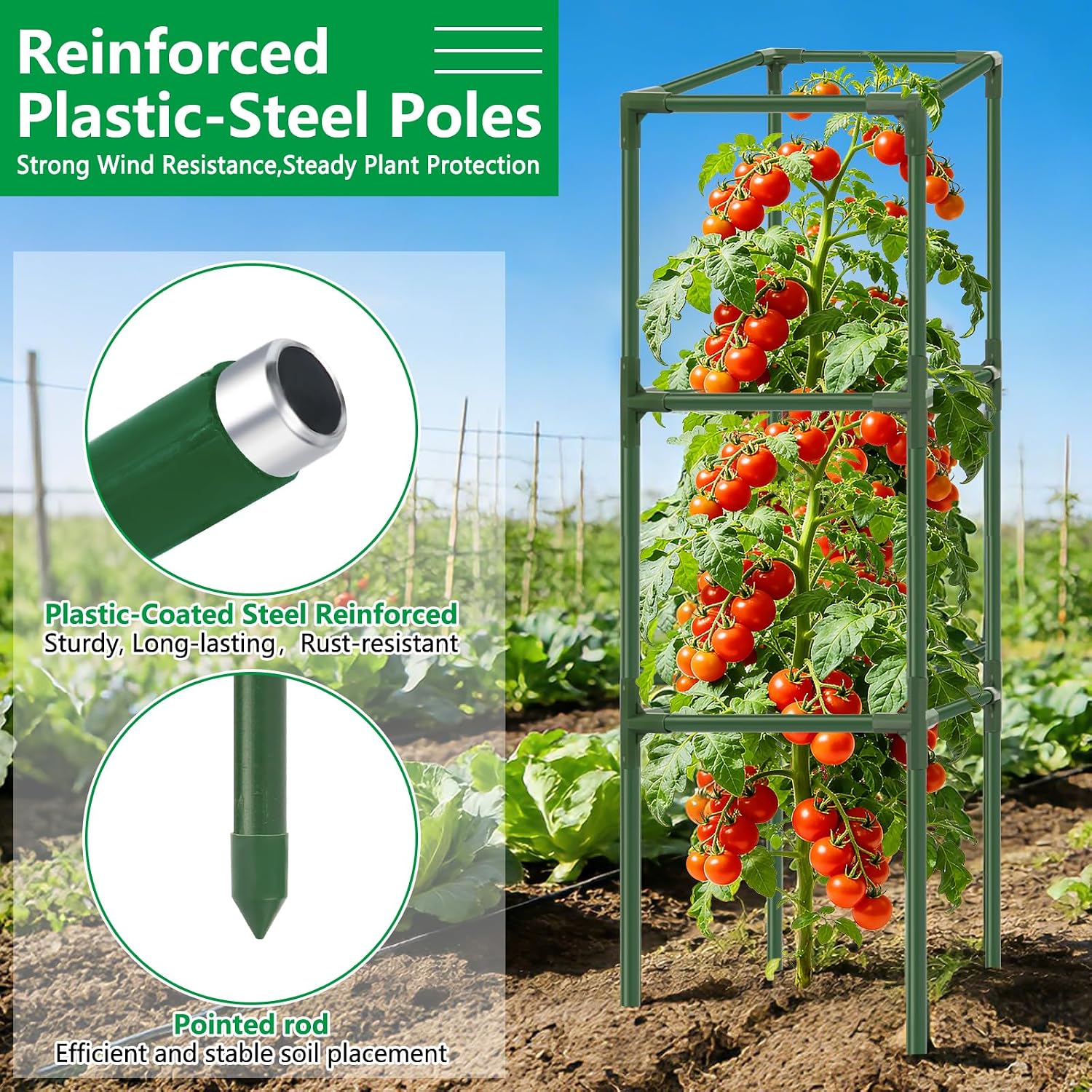 3 Pack 49" Square Tomato Cages, Heavy Duty Steel Garden Trellis Kit | Garden Plant Support Tower Stakes, Cucumber