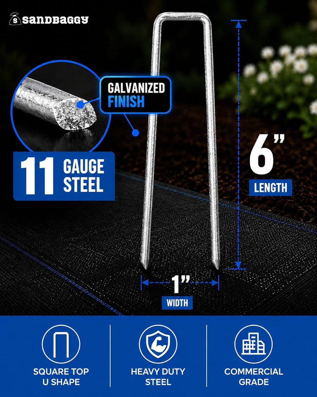 Sandbaggy 200-Count Rust-Free 6-Inch Landscape Staples (11 Gauge Steel) - Galvanized SOD Garden Stakes Pin ~ Trusted by