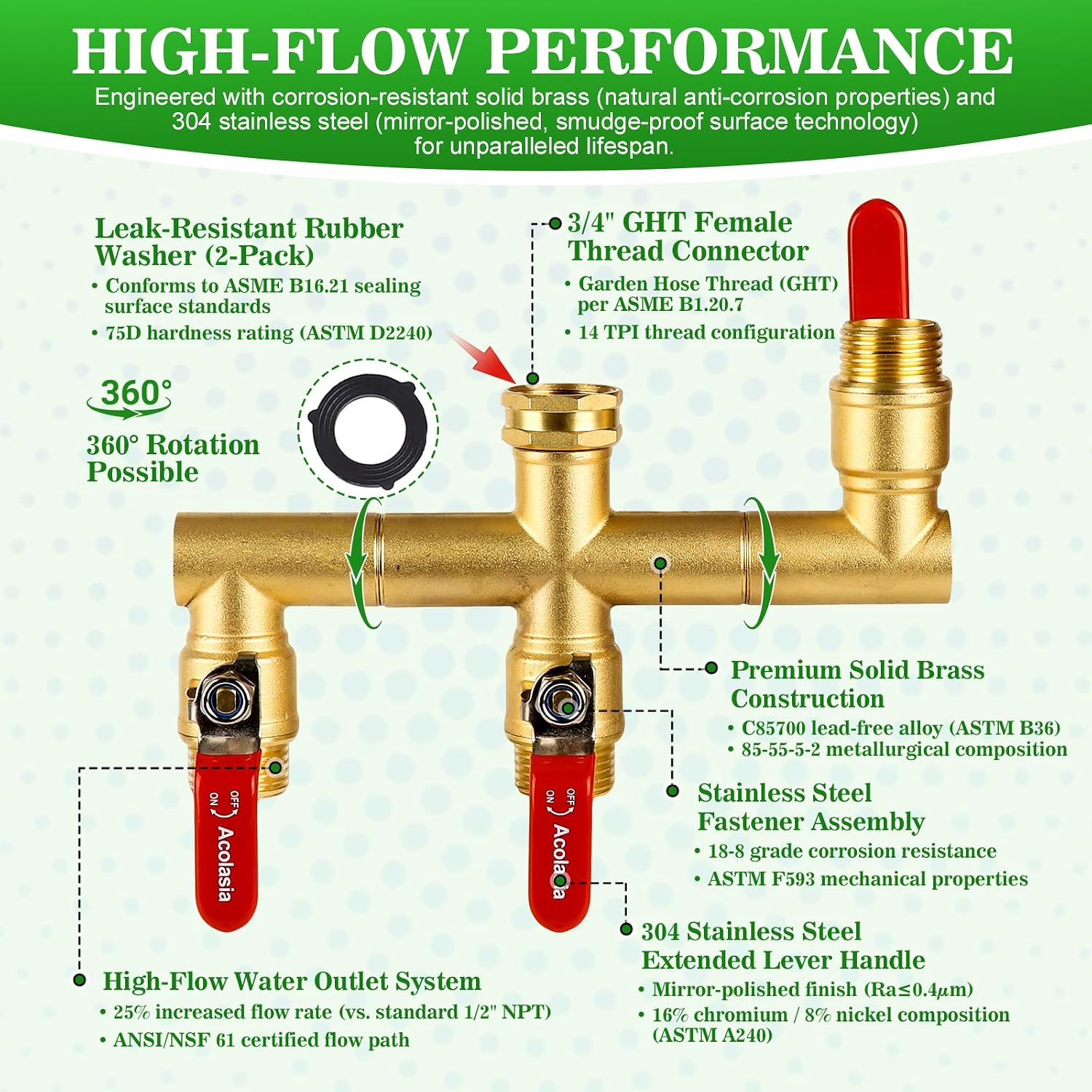 Hose Splitter 3 Way Heavy Duty Brass Garden Hose Splitter with 360° Rotatable, 304 Stainless Steel Long Handle Outdoor