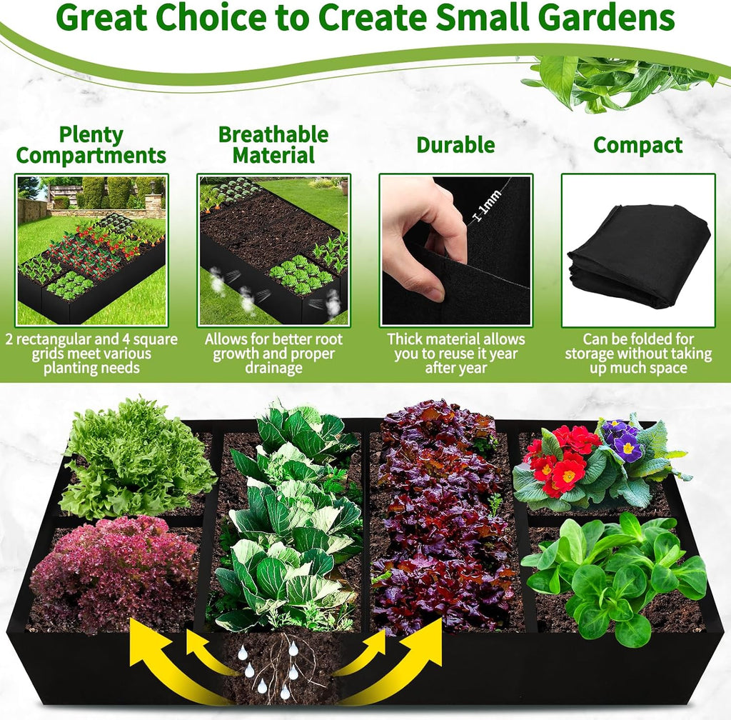 Fabric Raised Garden Bed, Large Garden Grow Bags Rectangle Breathable Planting Containers with 4 Grids Reusable Heavy