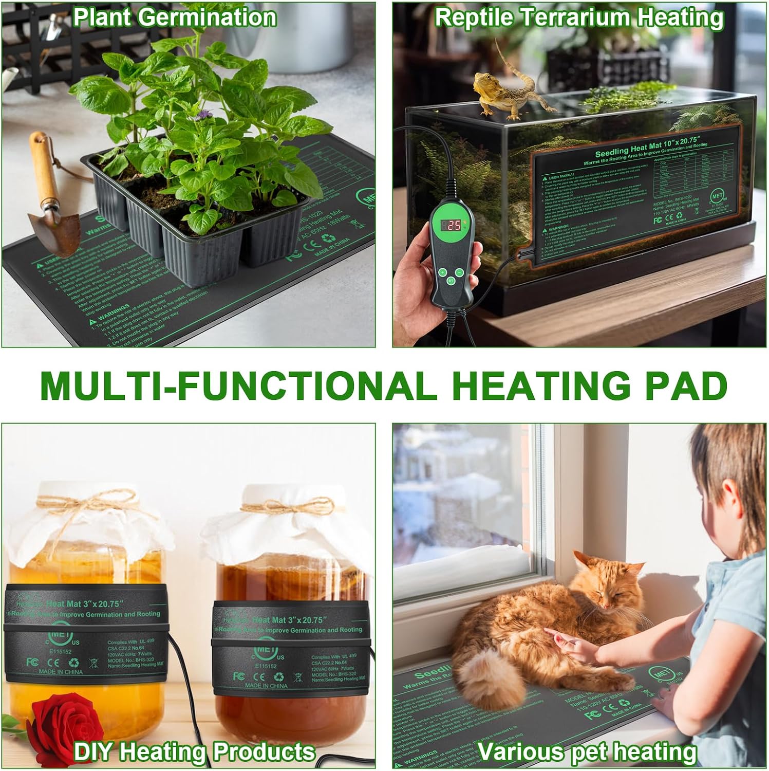 Seedling Heat Mat with Built-in Temperature Controller, 10" x 20.75" Waterproof Plant Heating Pad with Thermostat