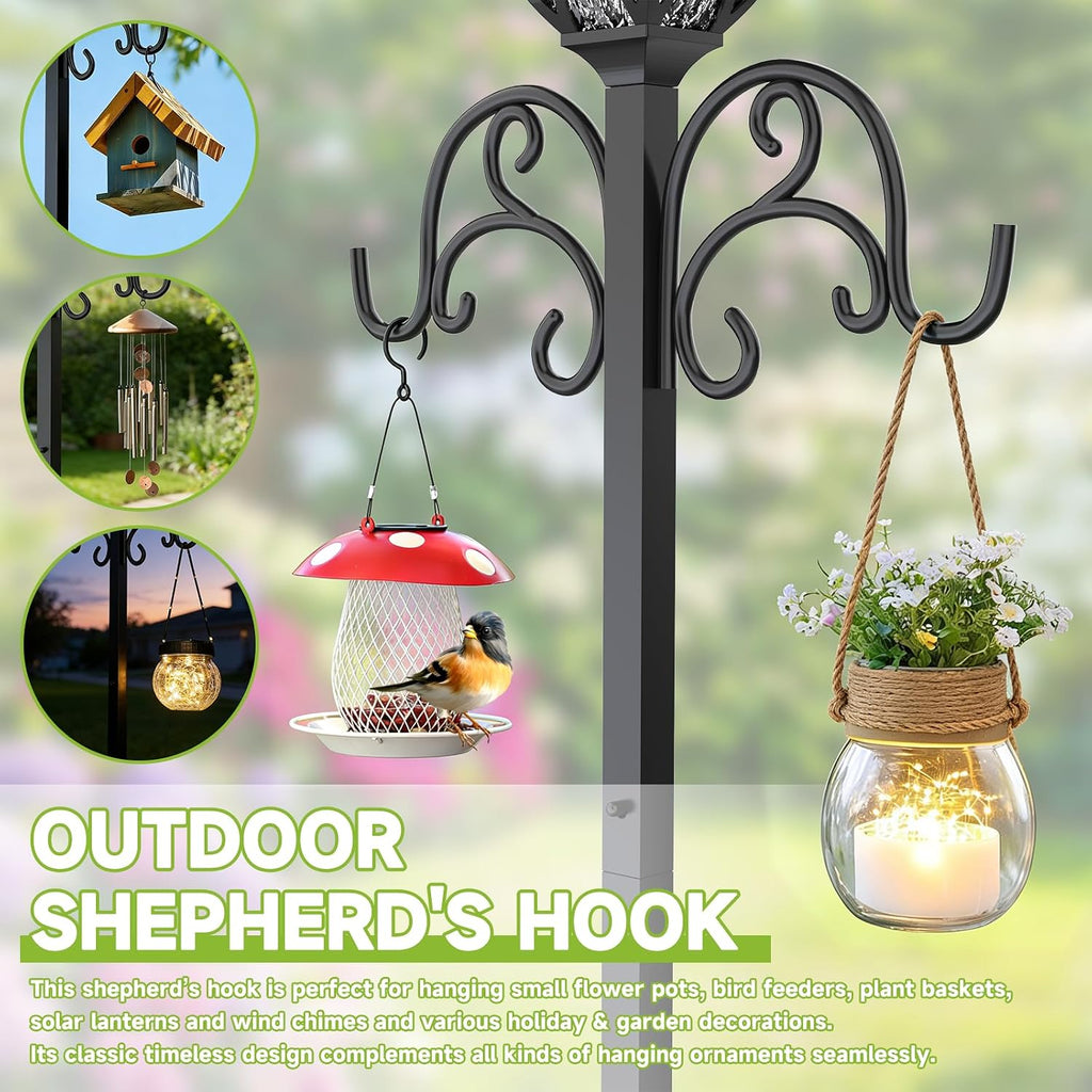 Garden Water Hose Holder with Solar Light & Shepherds Hooks for outside | Stores 160" Hose, Freestanding with Double