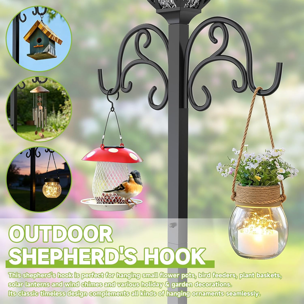 Garden Water Hose Holder with Solar Light & Shepherds Hooks for outside | Stores 160" Hose, Freestanding with Double