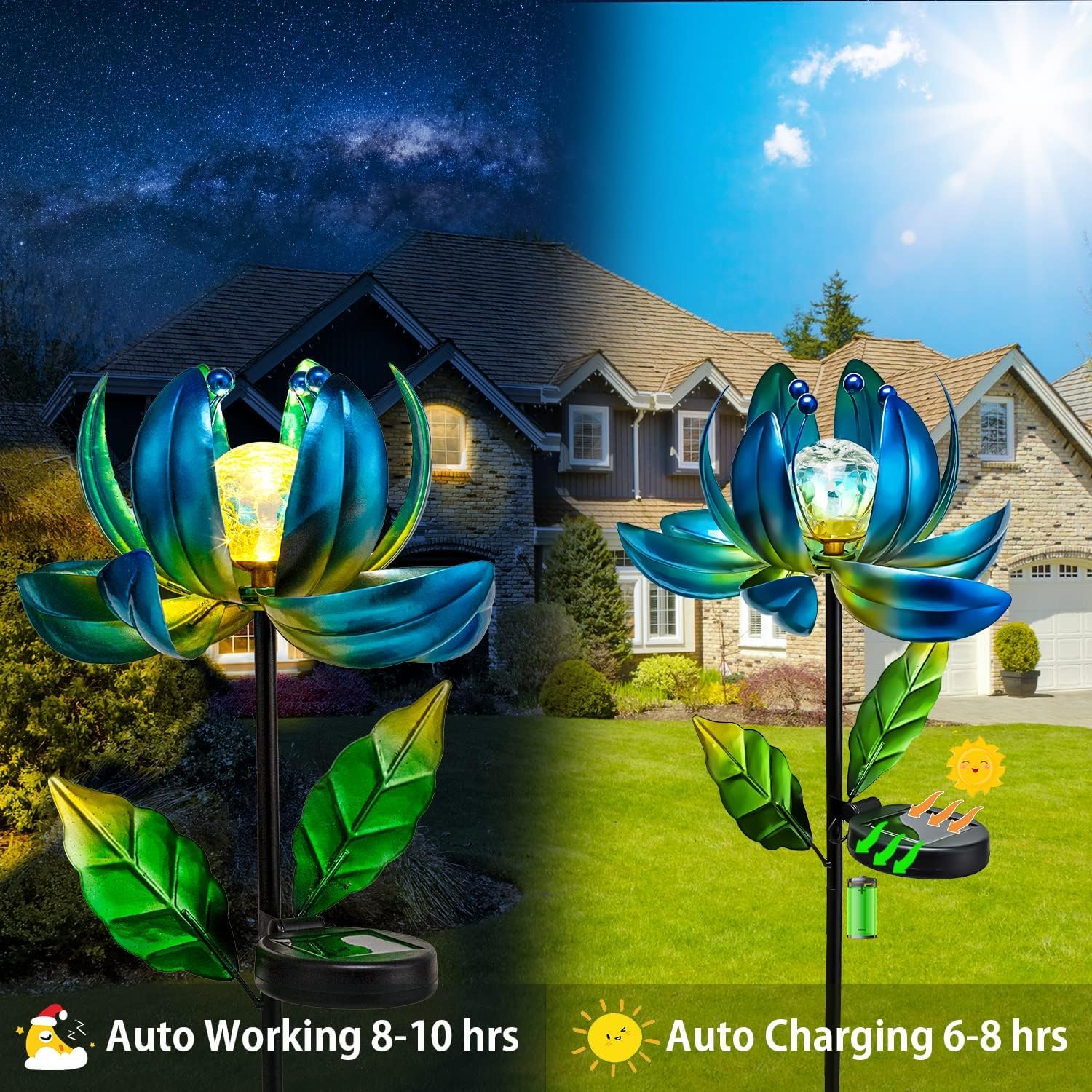 Solar Garden Lights Metal Flower Decor, Colorful Spinning Windmill Lotus Pathway Ligths with LED Cracked Crystal Ball
