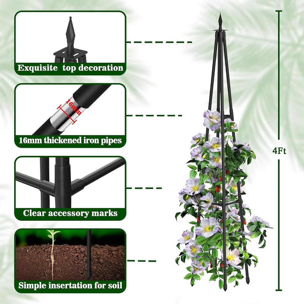 4FT Obelisk Trellis for Climbing Plants Outdoor, 16mm Rust-Proof Extra Thickened Plastic-Coated Metal Pipes, Indoor
