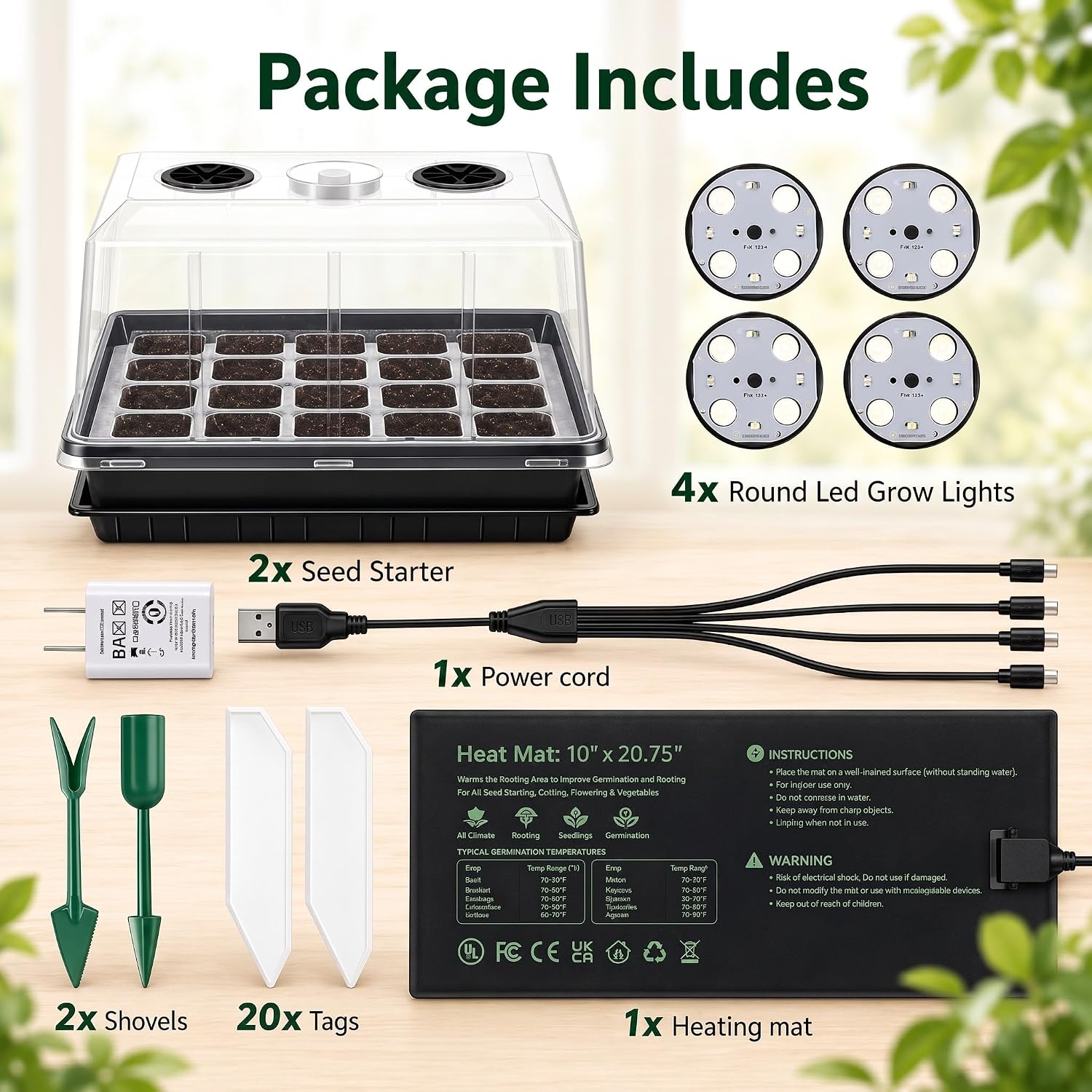 2 Sets 60-Cell Seed Starter Trays with Grow Lights, Heat Mat and Dome | 70-80°F Stable Warmth, Full-Spectrum Lighting