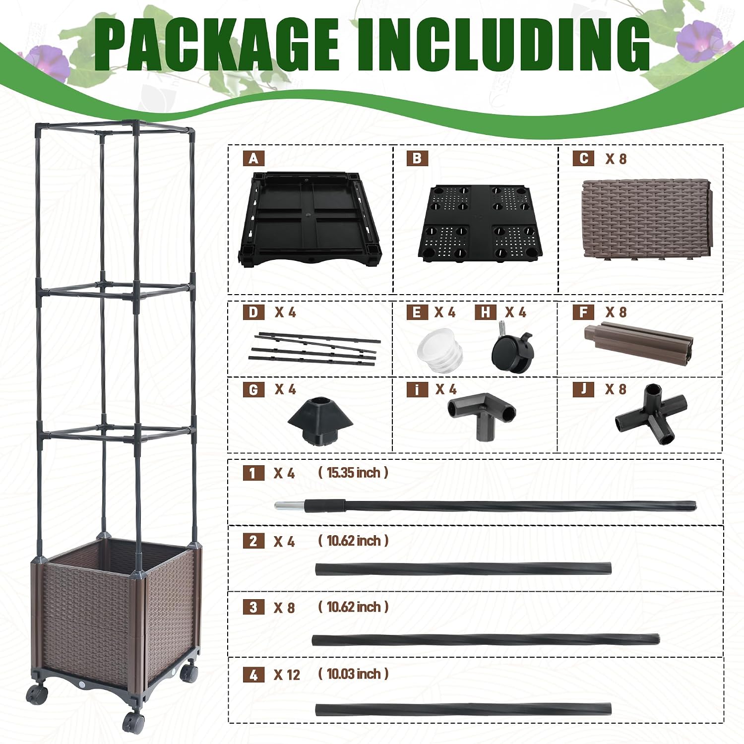 Quibbay Raised Garden Bed with Tomato Planter Cage,50.4" Self Watering Tomato Planter with Plastic Coating Steel Pipe