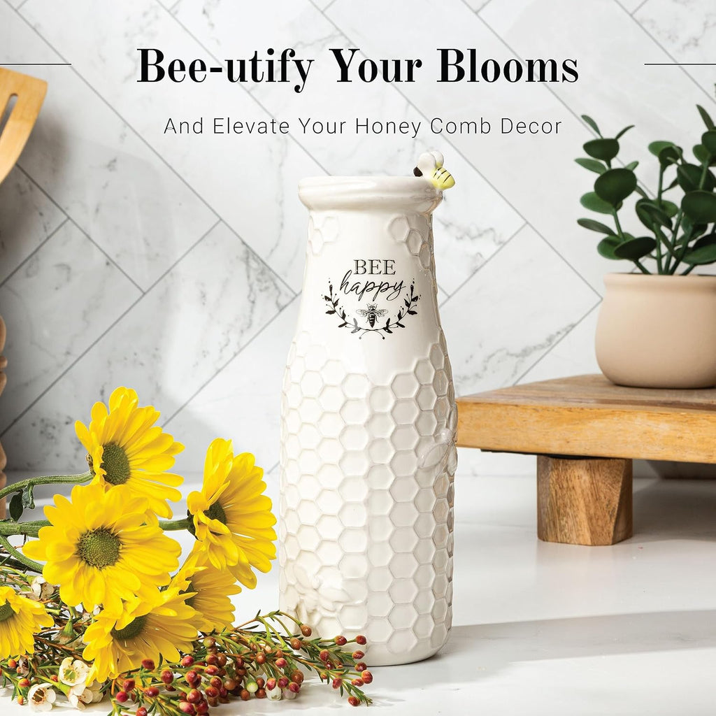 Young's Inc Ceramic Bee Flower Vase, Rustic Farmhouse Honey Bee Vase for Fresh & Faux Flowers, Bee Happy Floral