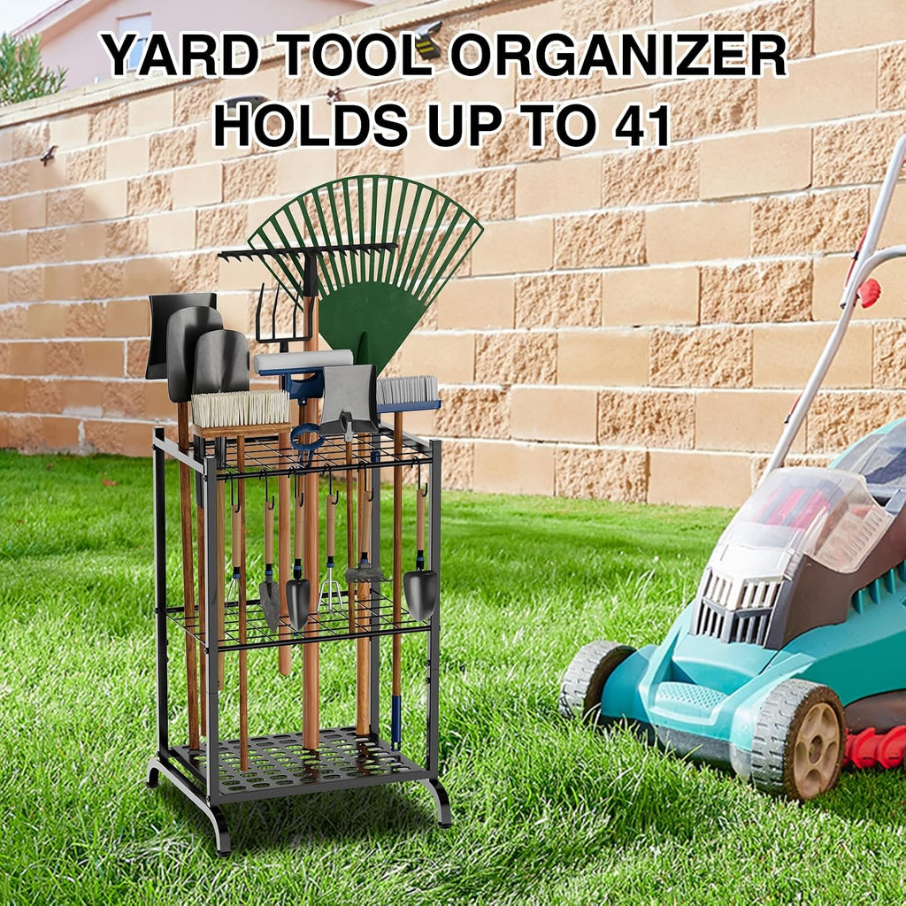 RANXFLOAT Garden Tool Organizer with Storage Hooks, Yard Tool Tower Rack for Garage Organization and Storage, Up to 35