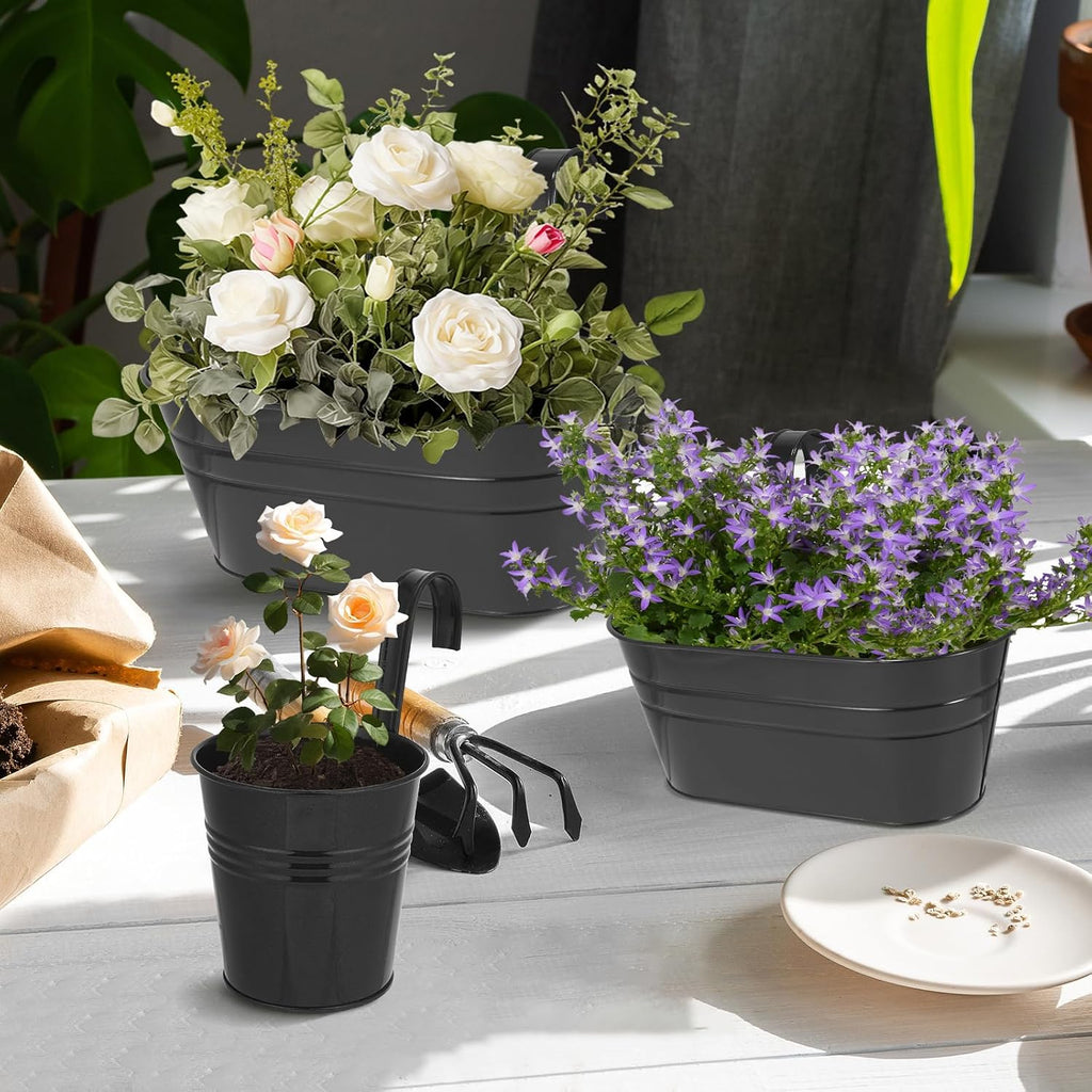 3 Different Size Metal Iron Hanging Flower Pots 10 Pcs for Outdoor Plants Metal Hanging Bucket Pots Iron Railing Fence