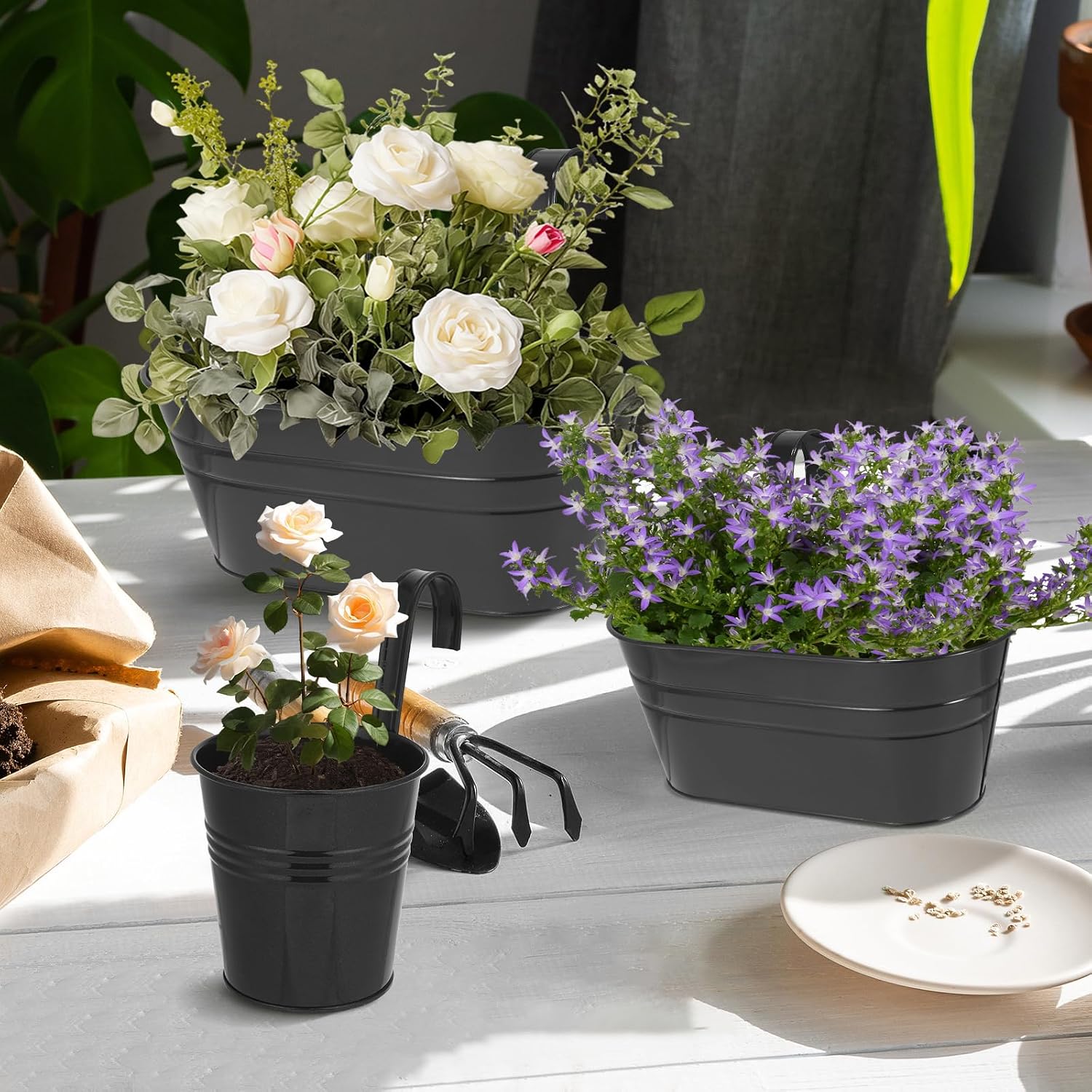 3 Different Size Metal Iron Hanging Flower Pots 10 Pcs for Outdoor Plants Metal Hanging Bucket Pots Iron Railing Fence