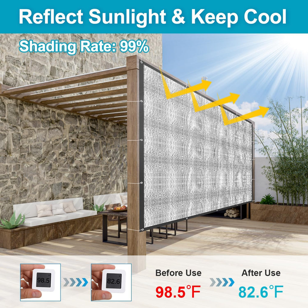 LOVE STORY 99% 10x20FT Aluminum Shade Cloth Reflective Sun Shade Cover Silver Tarp with Grommets for Car Garden Patio