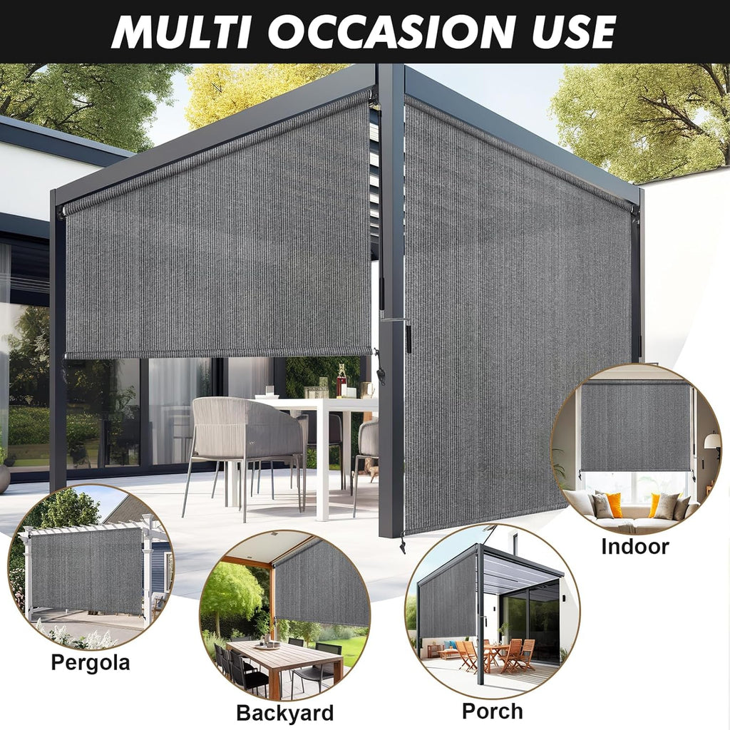 Outdoor Roller Shade 8' W x 8' H, Gray Exterior Cordless Patio Shades Roll Up Blinds with Spliced Pole Design, (2
