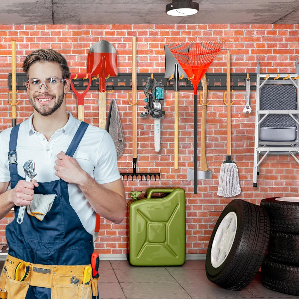 Garden Tool Organizer Wall Mount - Garage Storage and Organization Yard Tool Hanger with Adjustable Pegboard Hooks Shed