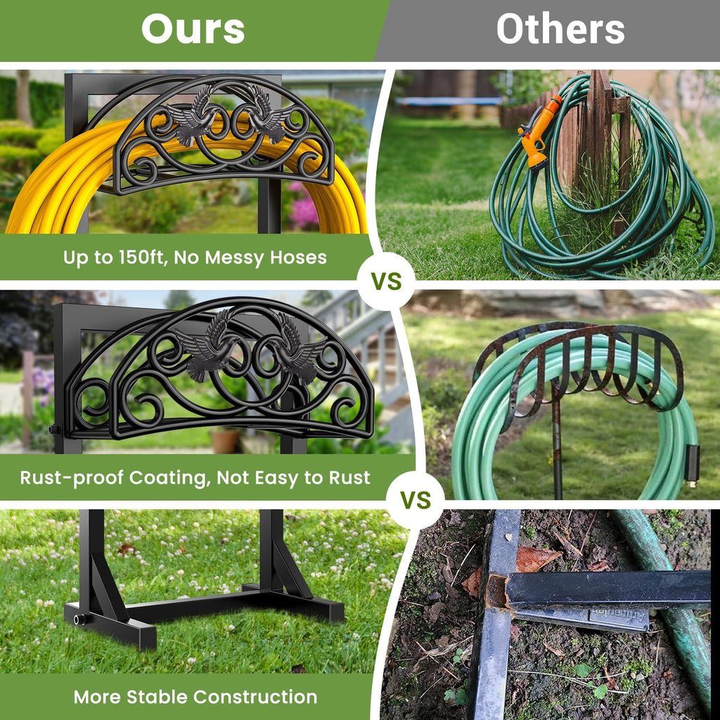Pattiumo Garden Hose Holder Stand, Heavy Duty Freestanding Metal Hose Holder with 4 Spikes, Hose Reel Alternative Holds