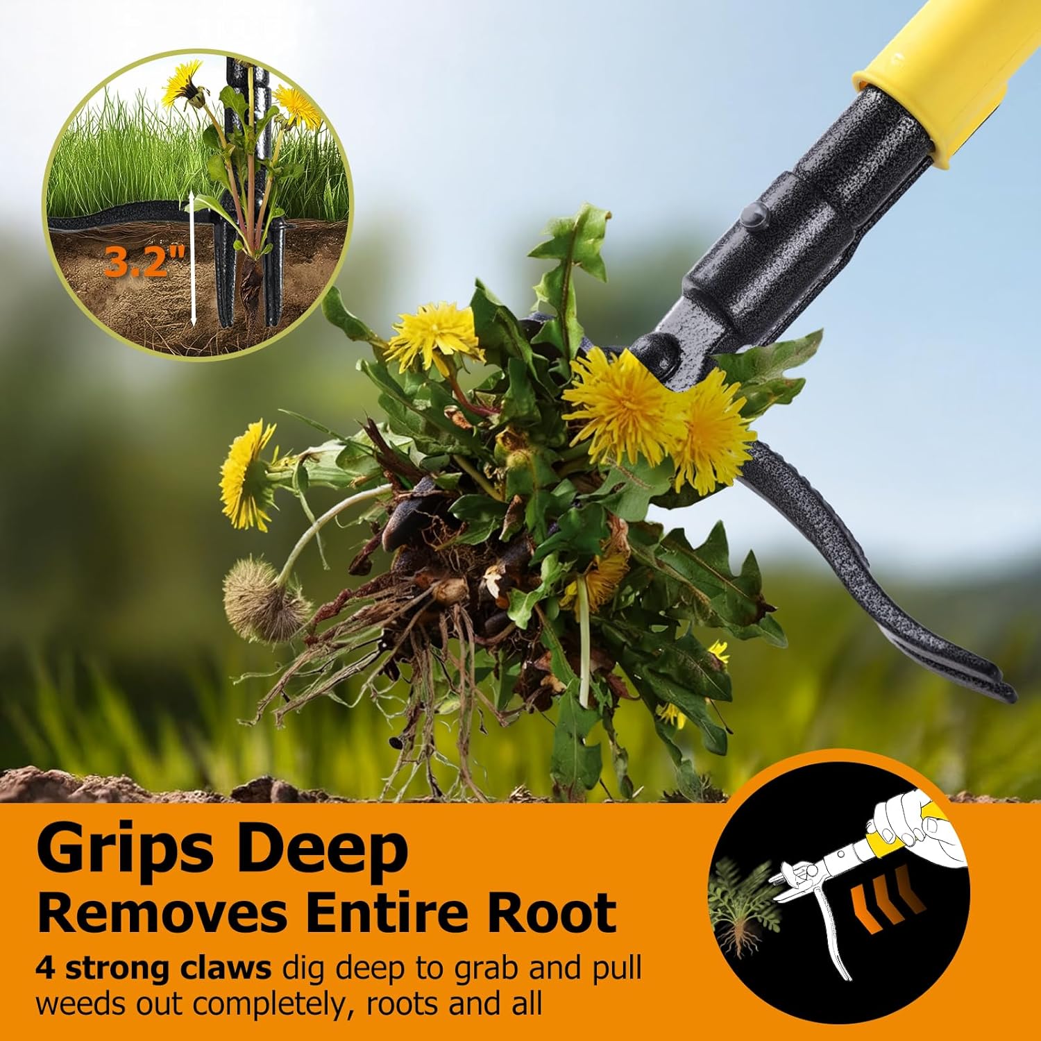 Weed Puller Tool Stand Up with Slide-Release Ejection, Reinforced Steel Weeder with 3-Section Long Handle, No-Touch