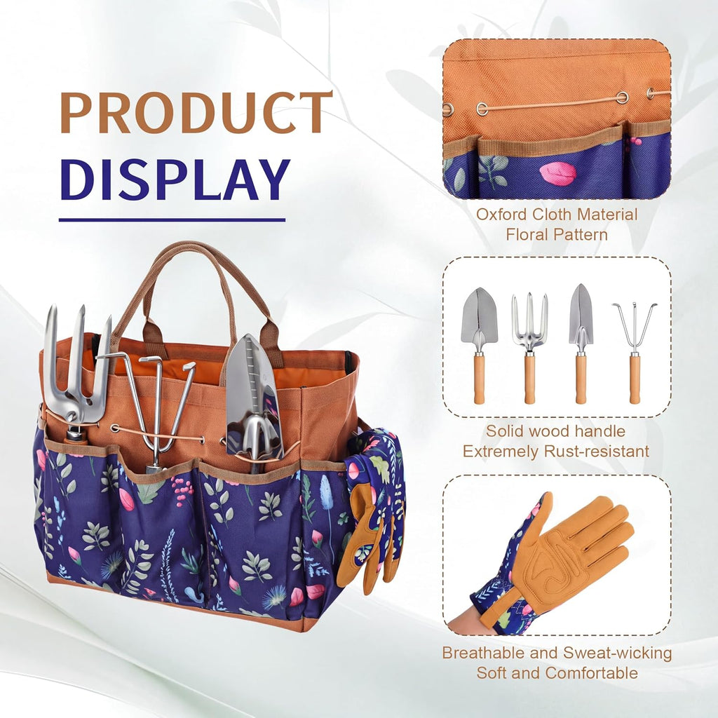 Lothee 7 Pcs Gardening Tool Set Garden Tote Bag with Gloves,Classic,Brown | Gardening Gifts for Women, Multi-Pocket