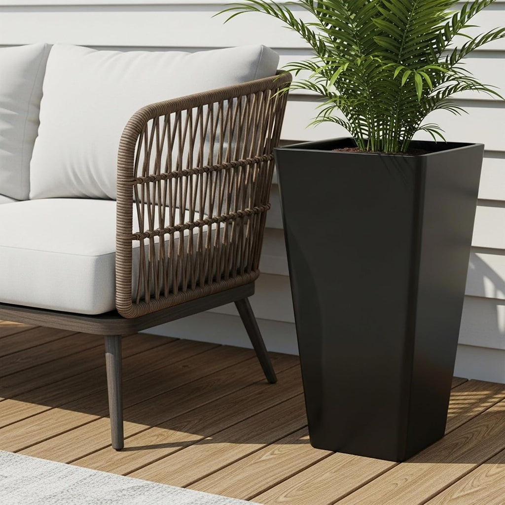 Worth Garden 20" Tall Planters Set of 2 – Large Black Tapered Plastic Flower Pots for Indoor & Outdoor Use – Modern