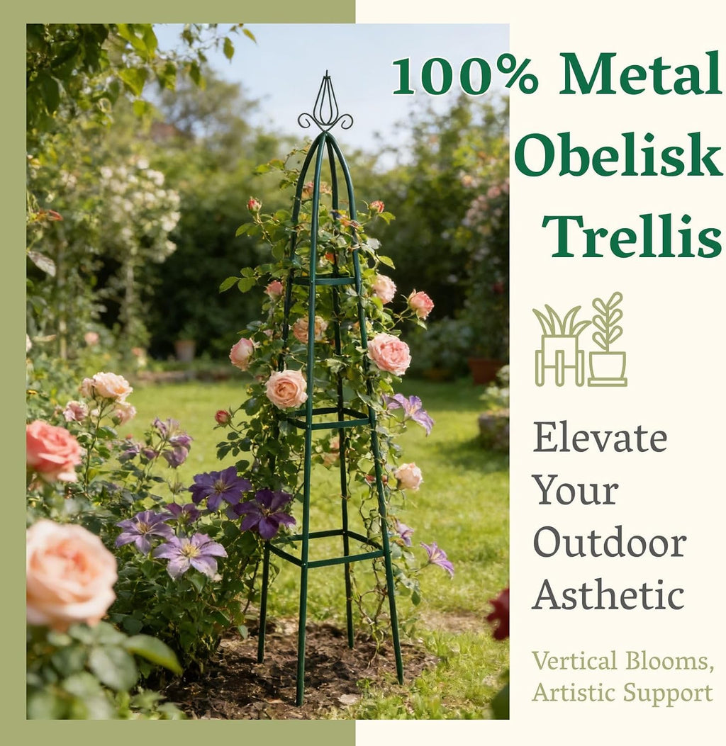 100% Metal Garden Obelisk Trellis for Climbing Plants Outdoor | Powder-Coated Steel Tall Garden Teepee Trellis | Sturdy