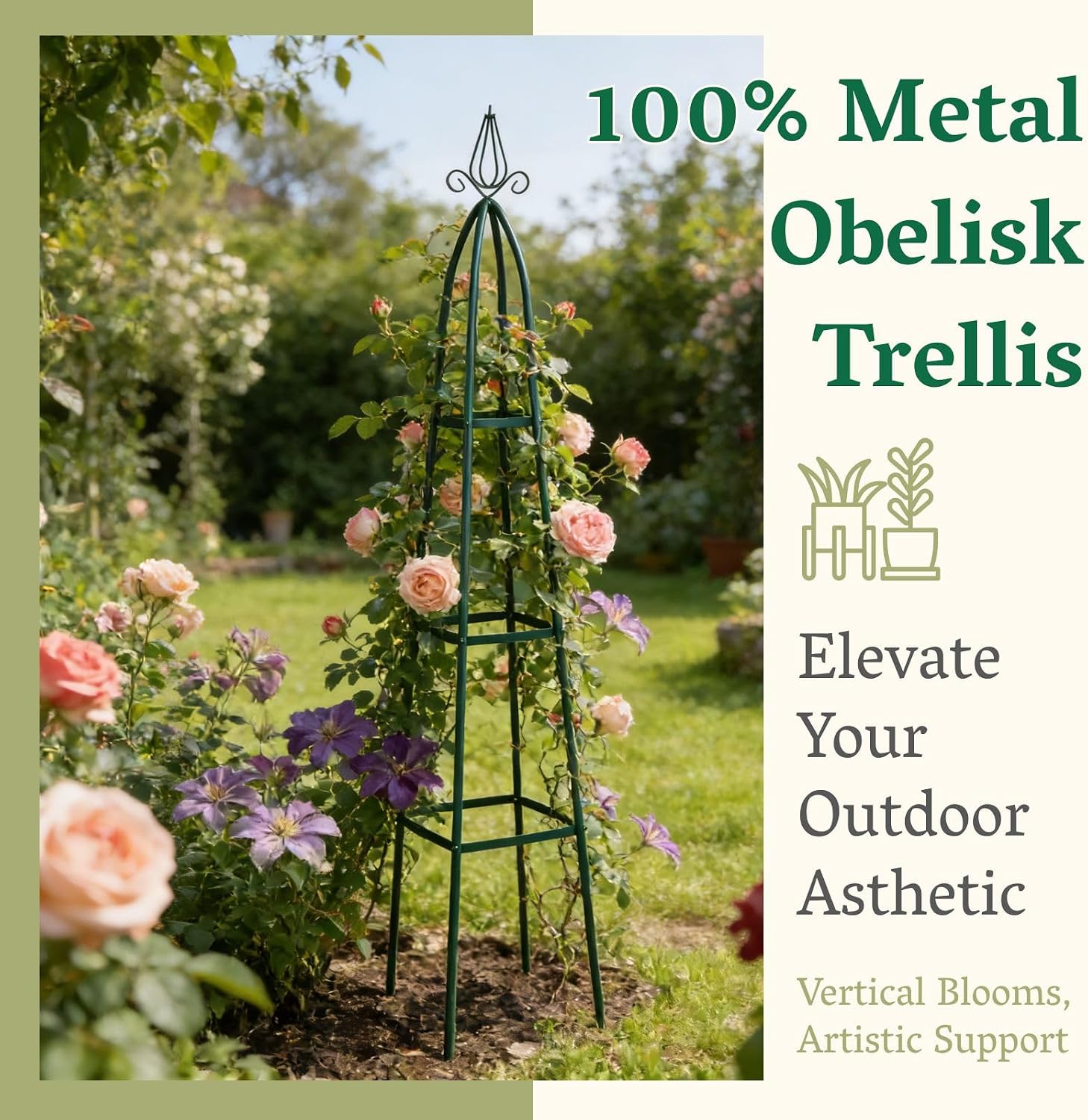 100% Metal Garden Obelisk Trellis for Climbing Plants Outdoor | Powder-Coated Steel Tall Garden Teepee Trellis | Sturdy