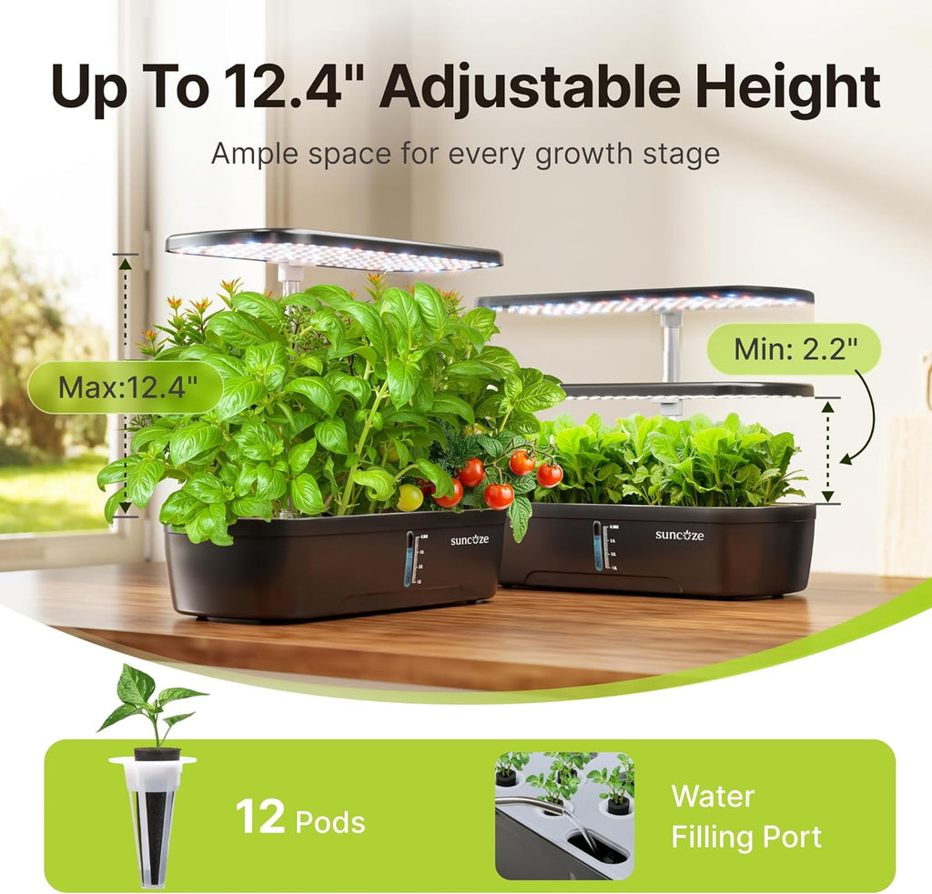 Hydroponics Growing System, 12 Pods, 12.4 in Adjustable Height | Indoor herb Garden with 20W LED Grow Light, Visible