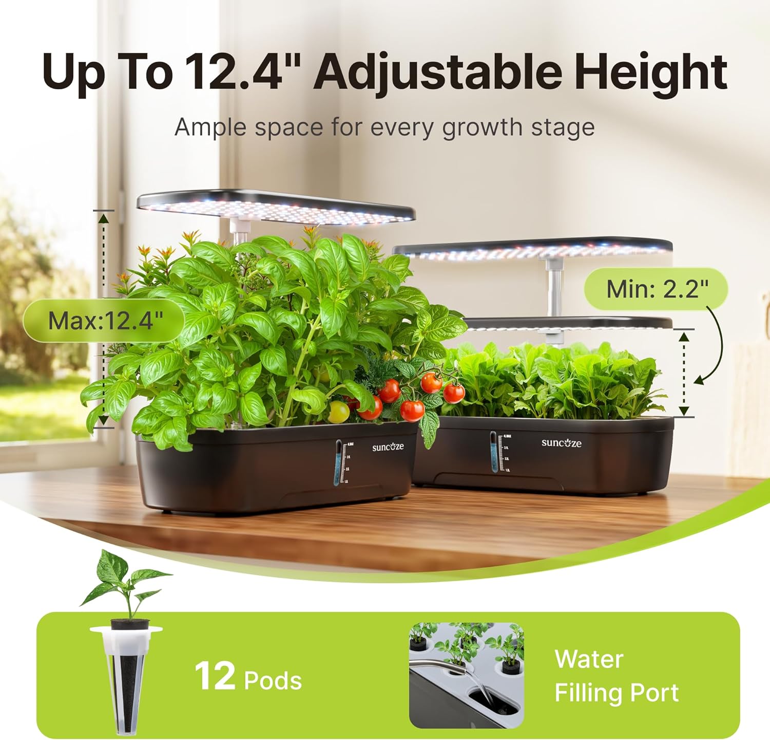 Hydroponics Growing System, 12 Pods, 12.4 in Adjustable Height | Indoor herb Garden with 20W LED Grow Light, Visible