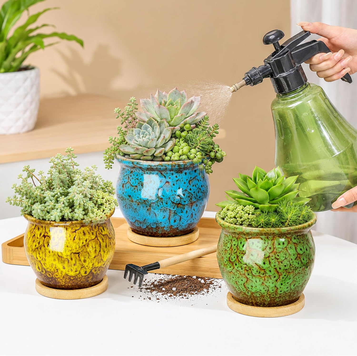 ARTKETTY Succulent Pots, 4.5'' Small Plant Pots with Drainage Tray | Glazed Flower Pots Set of 4, Ceramic Pots for
