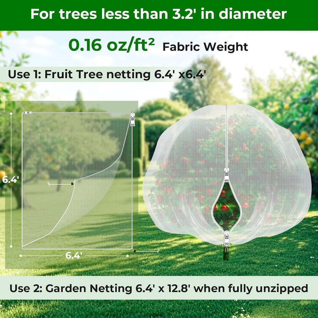 6.4'x6.4' Fruit Tree Netting with 2-Way Zipper & Drawstring (2 Pack) | Garden Plant Net Pest Barrier to Prevent Cicadas