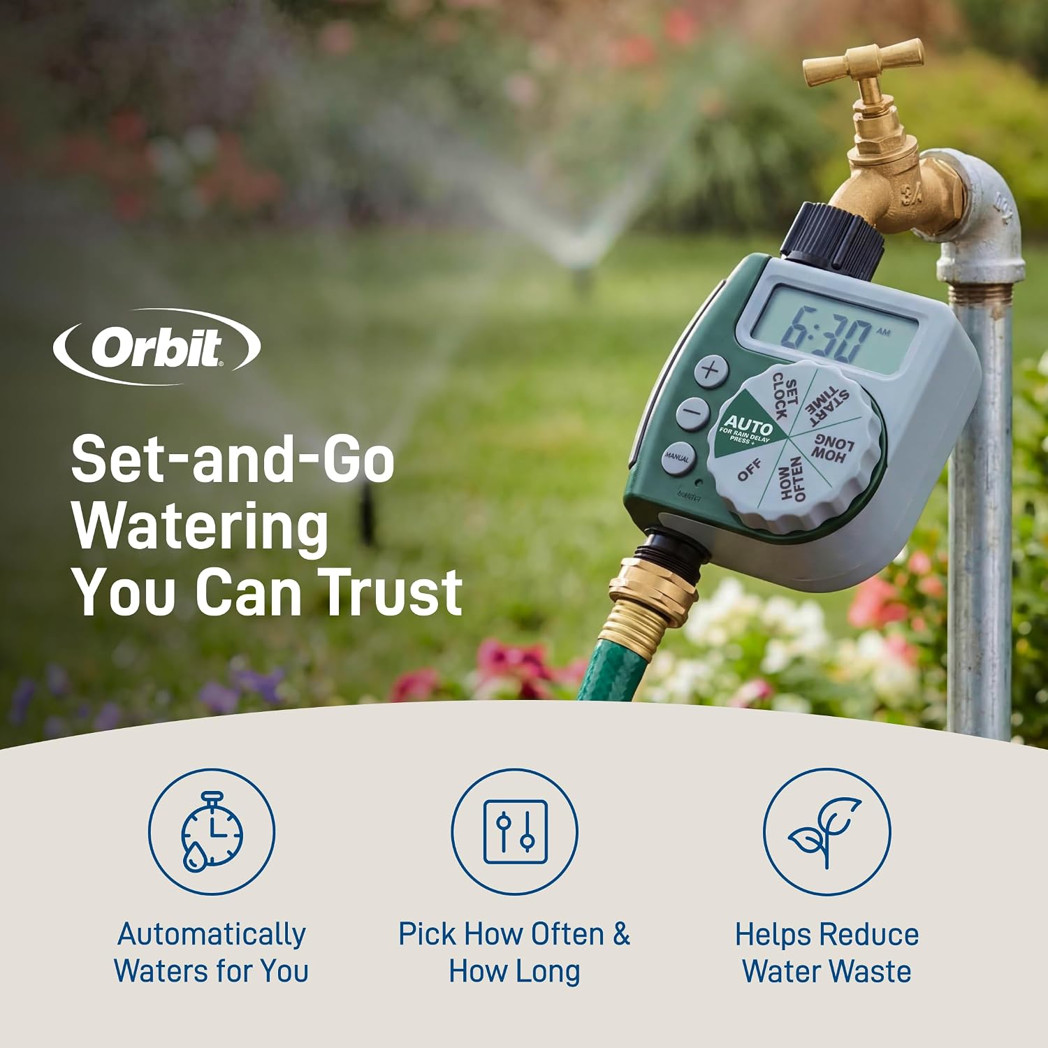 Orbit Programmable Digital Hose Watering Timer - 1 Outlet - Battery Powered - with LCD Screen - Built-in Rain Delay
