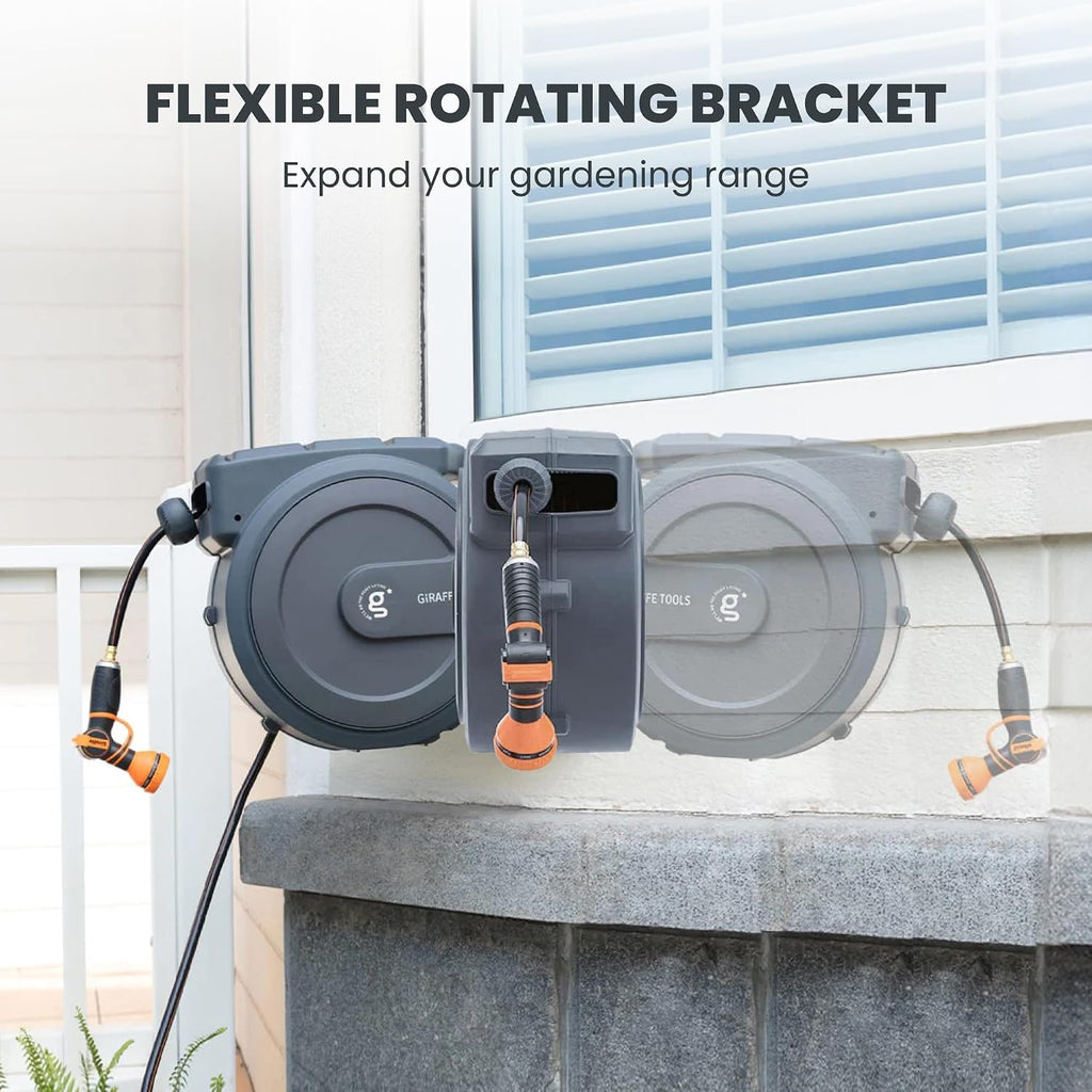 Giraffe Tools Retractable Garden Hose Reel 1/2"78FT Metal Bracket | Any Length Lock,Auto Rewind System,Wall Mount,180°